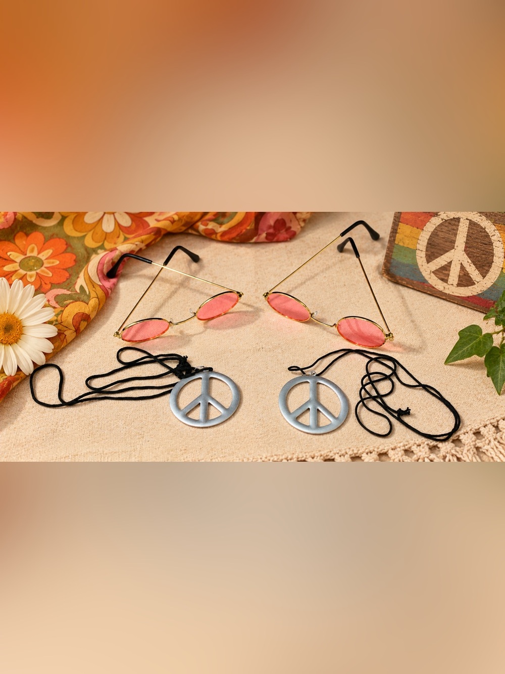 🔍Vintage-Inspired Hippie Accessory Set – Pink Oval Glasses + (2) Peace Sign